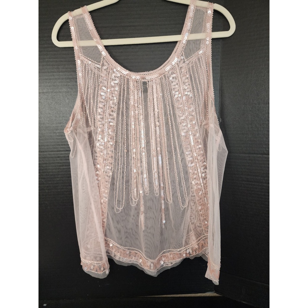 Torrid Pink Sheer Mesh Sequin Beaded Tank Top Plus Size 0 L XL Scoop Neck